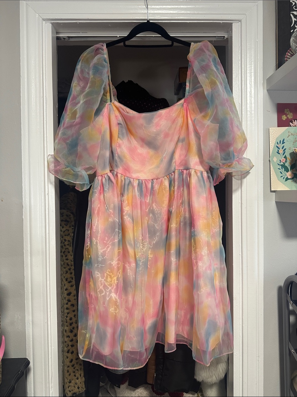 Women’s Multicolor Pastel Puff-Sleeve Casual Dress